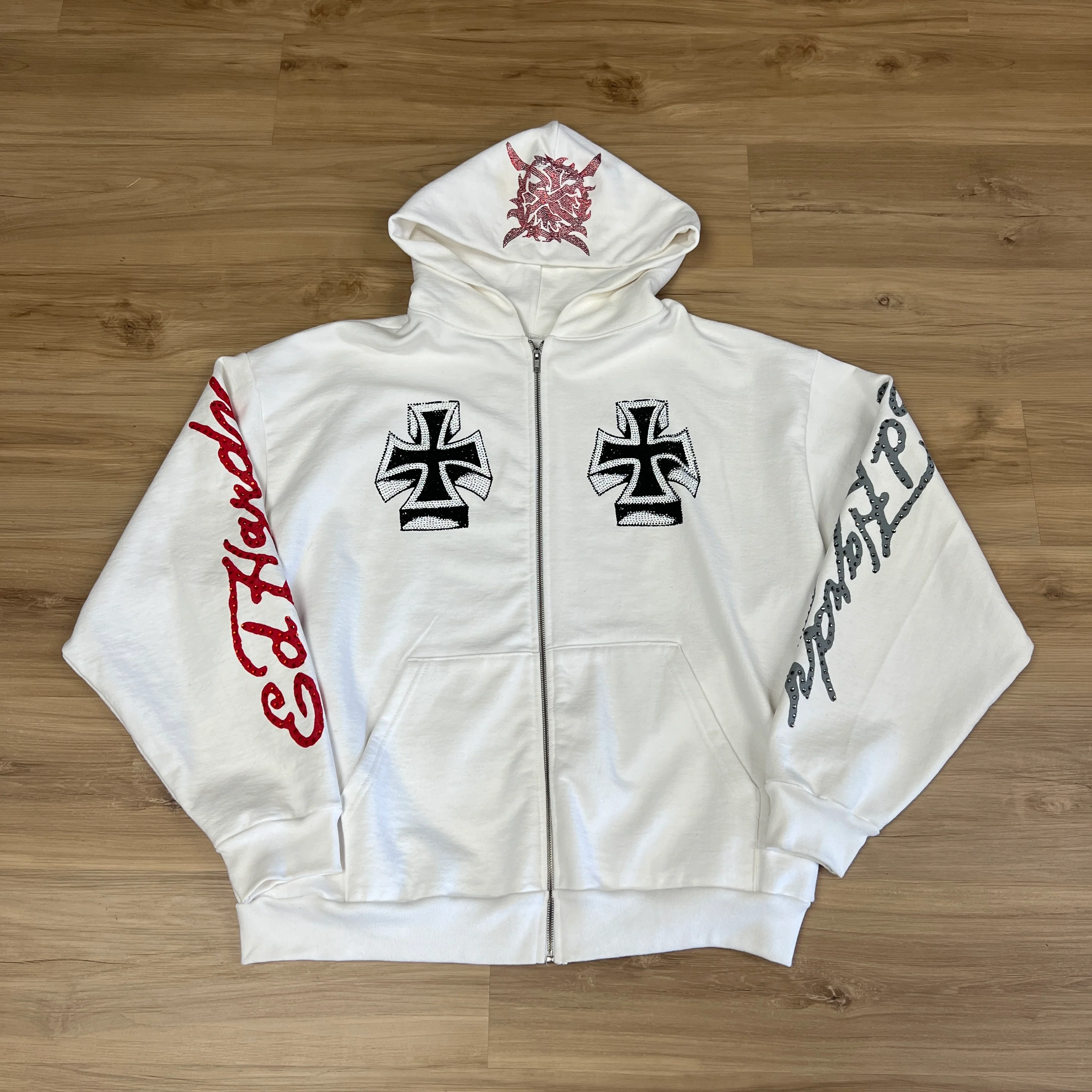 Ed Hardy x Ken Carson White Rhinestone Zip Up Hoodie