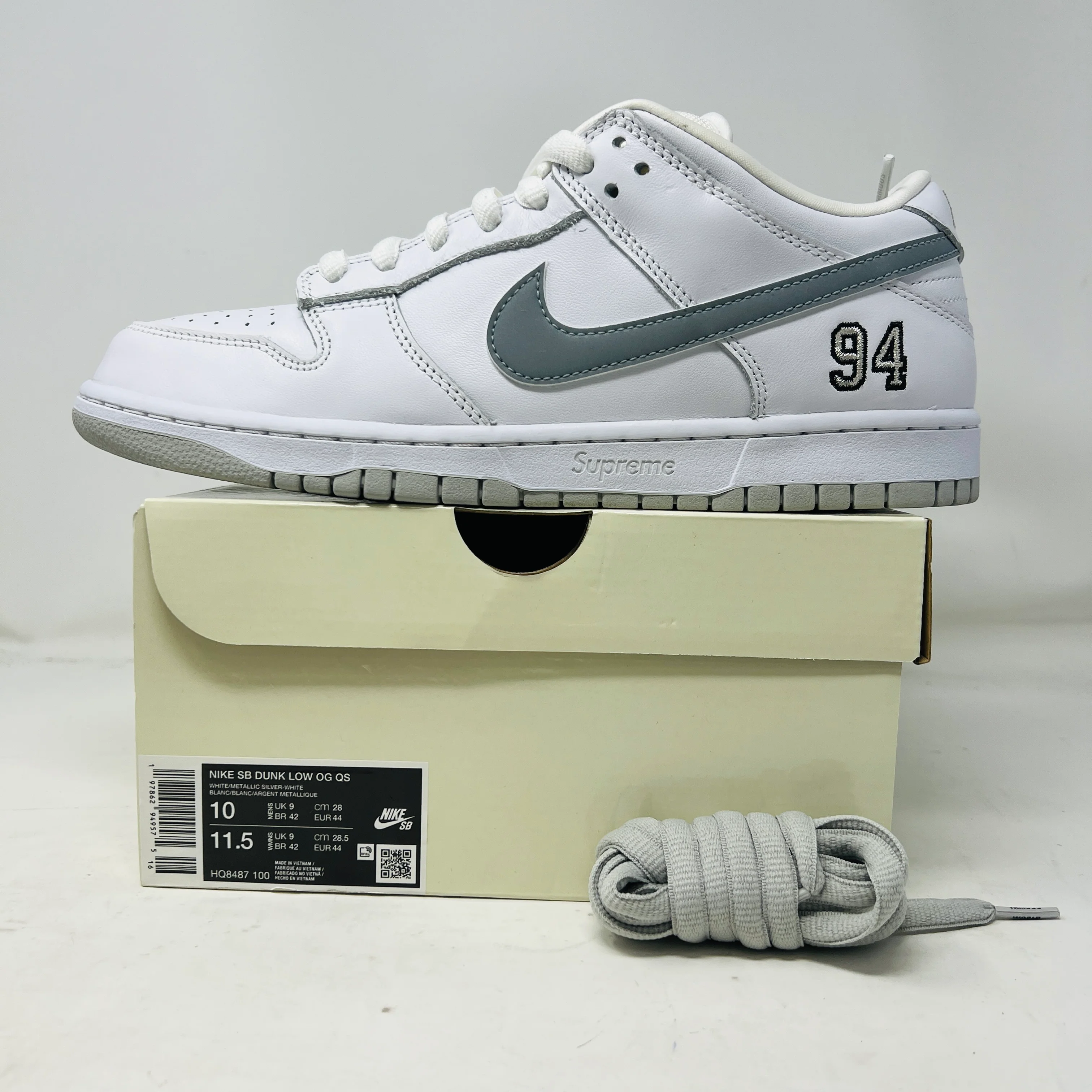 Nike SB Dunk Low Supreme 94 White Metallic Silver