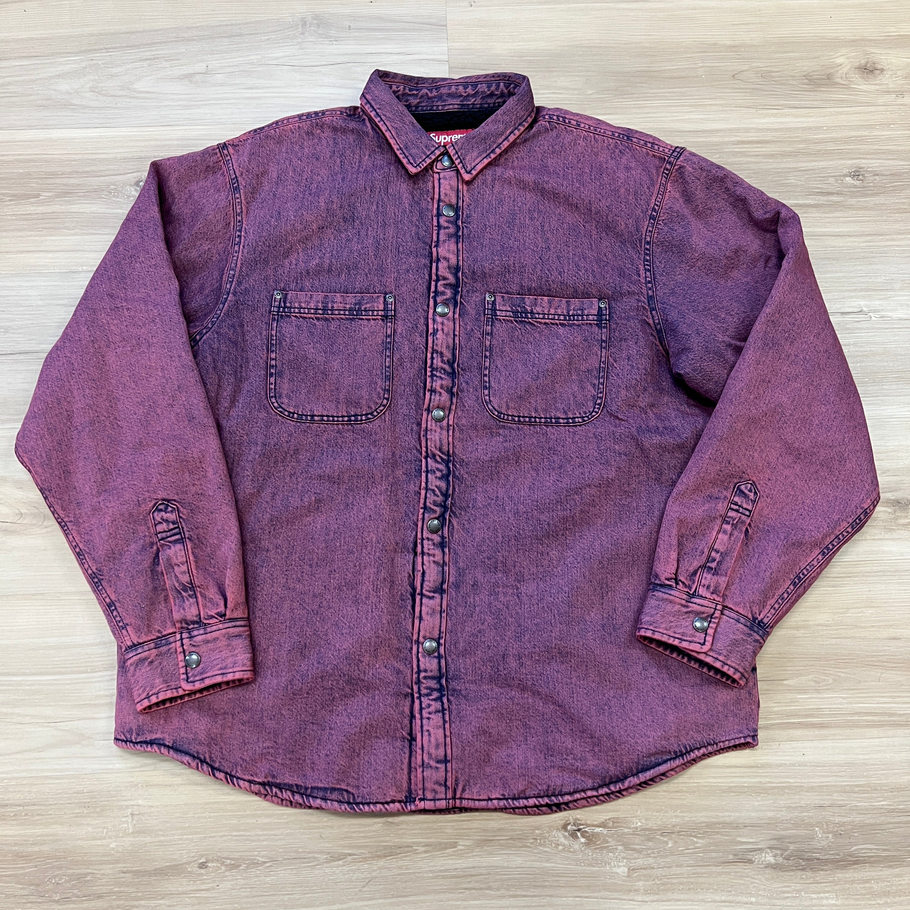 Supreme Shearling Lined Denim Work Shirt Overdyed Red - Image 2